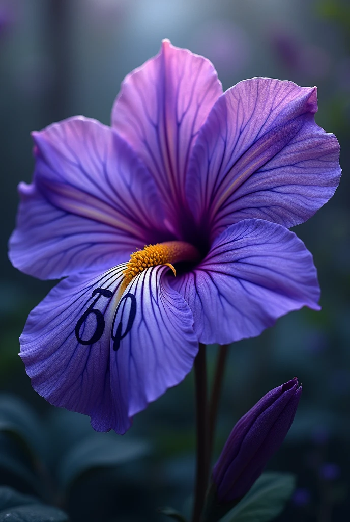 Create a violet flower with the base of the number 60 on its petals and the symbol of + in one of the petals
