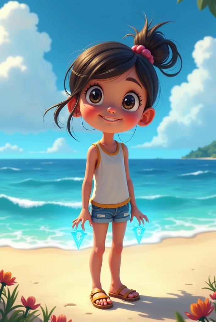 A girl with blue lamp nail standing on the beach animated as a cartoon