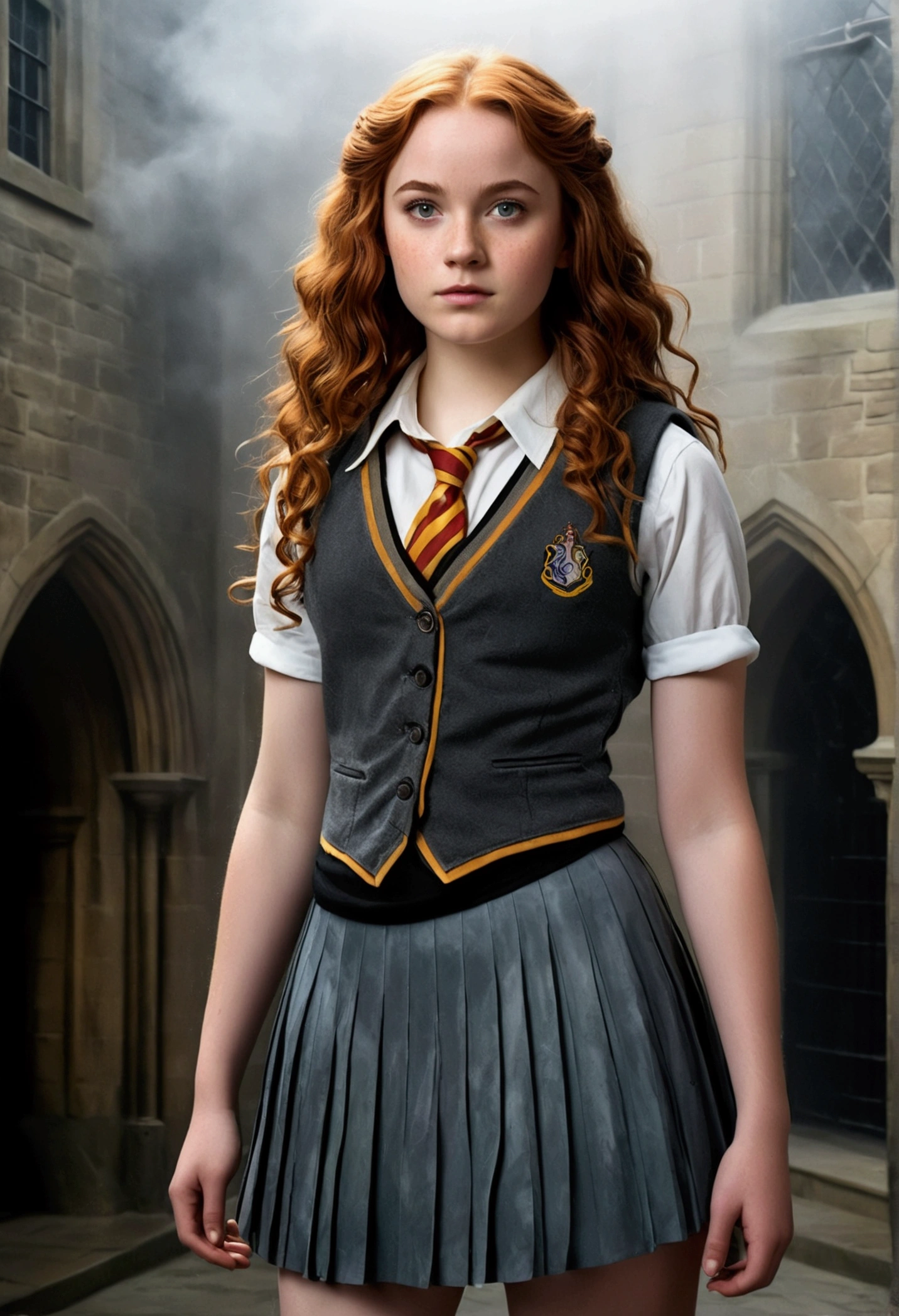 An illustrated movie poster, hand-drawn, full color, a teenage Hogwarts student, 18-years-old, female, wearing a charcoal vest and a pleated skirt, athletic hourglass figure, full wide hips, massive round butt, long shapely legs, ridiculously thick powerful thighs, vibrant eyes, deep dark auburn hair, voluminous curly mane, flushed sun-kissed complexion, freckles, resembles Genevieve O'Reilly, standing in a foggy Hogwarts courtyard, surrounded by mist, graphite shading, stencil marks, airbrushed acrylic paint, masterpiece, close-up shot, in the style of the Deathly Hallows 