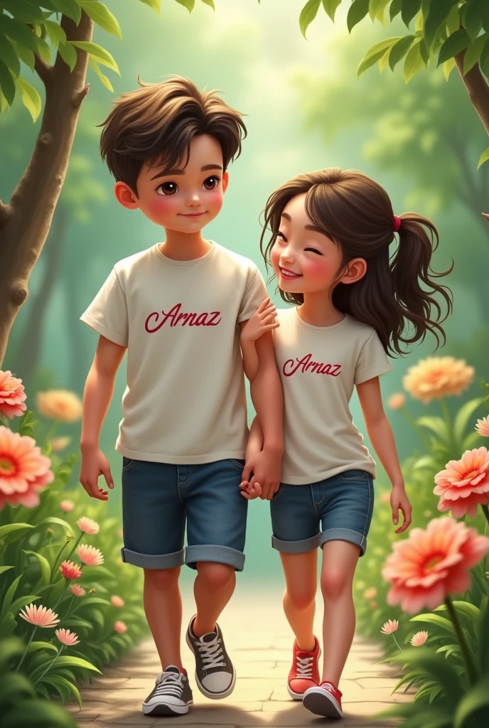 A couple(a boy and a girl) standing hand in hand, walking in a garden and . They are wearing a t shirt. On both the tshirt a designer name is printed that is "Arnaz". The girl is biting the boy.