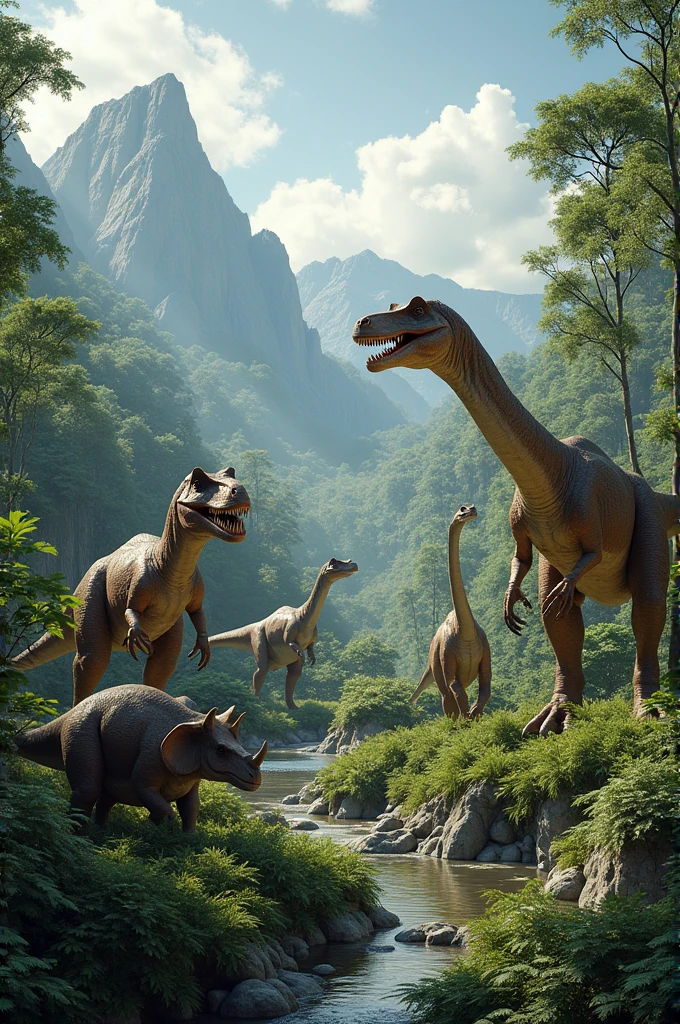 Different types of dinosaurs like T-Rex, Triceratops, and Brachiosaurus.