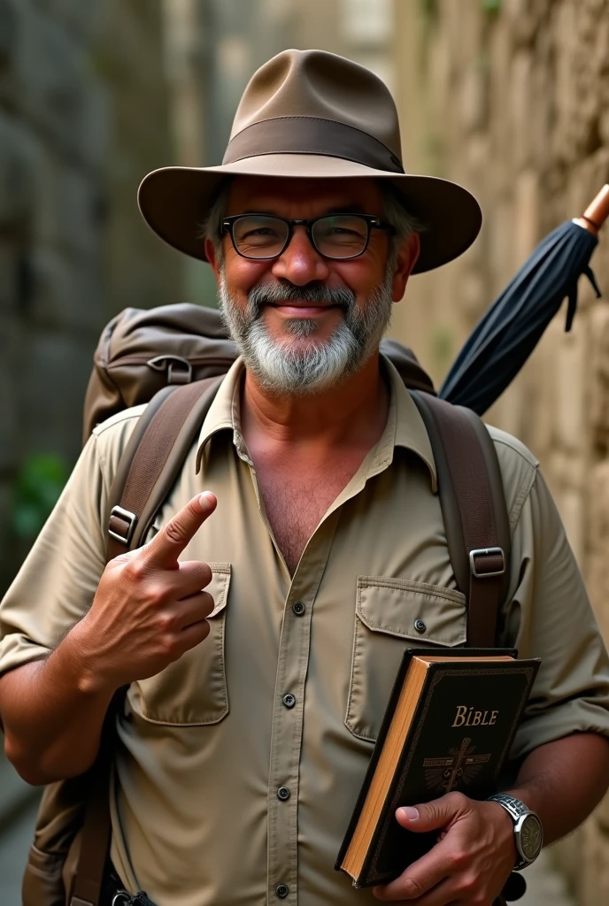 Create an Indiana Jones style image of a 63 year old Latino man,indigenous brunette face, using reading glasses, gray curly hair, Side-parted hairstyle and casual dress, holding a bible in his left hand and pointing at the bible with his index finger of his right hand, smiling placidly, He doesn't have a beard or a moustache and looks clean shaven., In the book it should only say BIBLE, He carries a backpack and an umbrella hanging from the same backpack