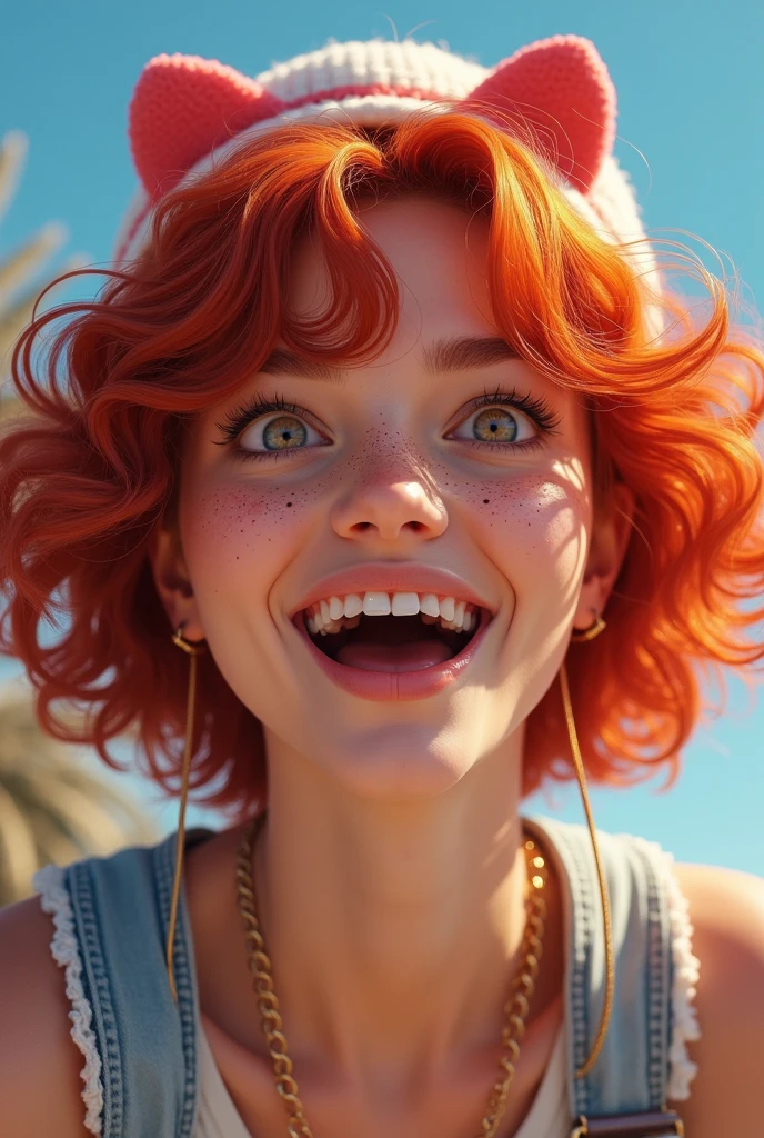 Create a , redheadwear, with freckles, she likes bts, She is a BTS fanatic and has short curly hair.