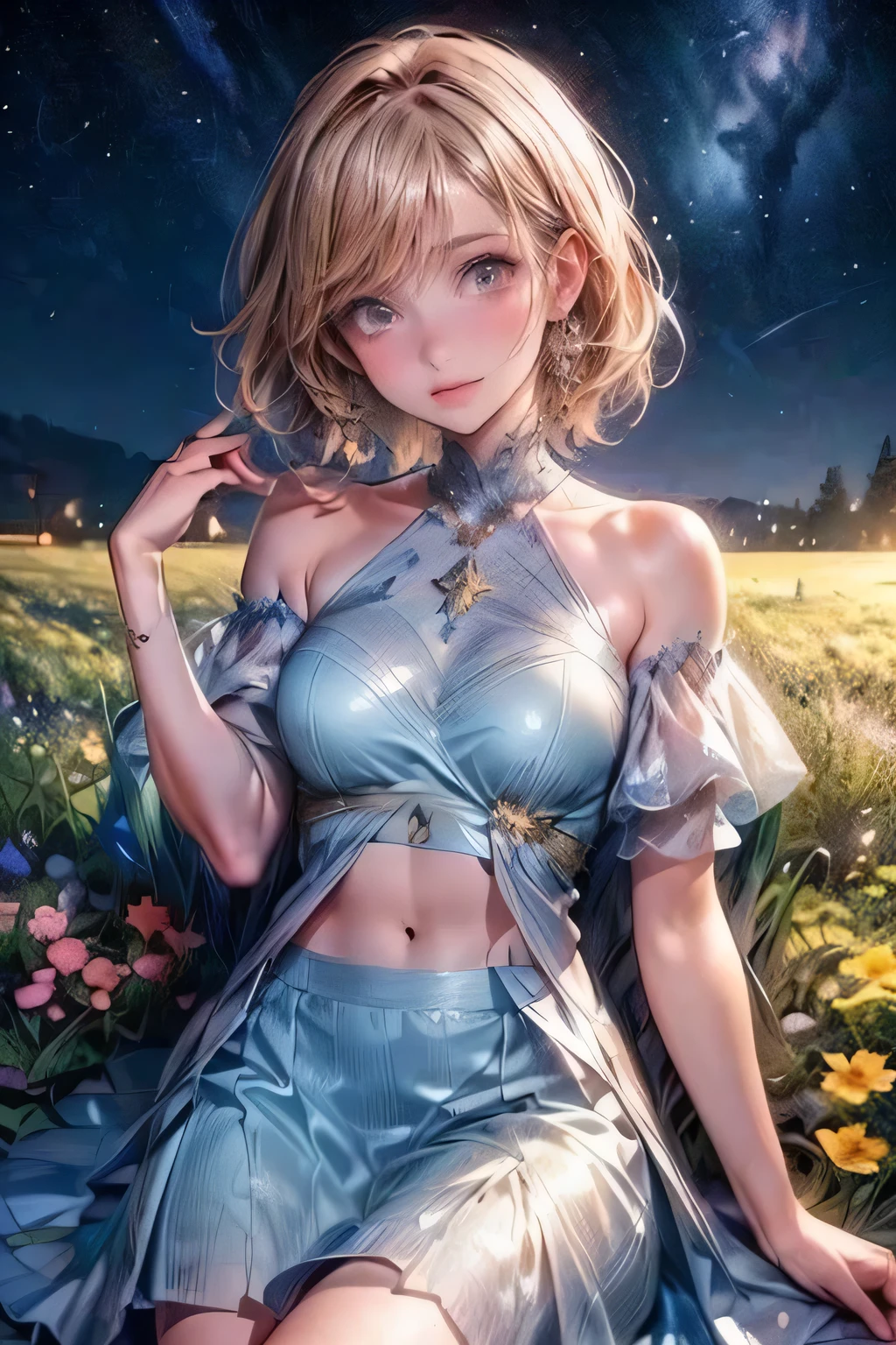a girl in anime form laying on grass at night near stars and sky, 1girl, solo, navel, looking at starry sky, outdoors, jewelry, hair ornament, sky, flower, blush, skirt, earrings, breasts, night, bare shoulders, bangs, star (sky), starry sky, short hair, midriff