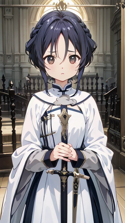 one woman、Rin々new appearance、A dignified expression、cold look、medieval monk、pure white battle uniform、bionde、french braid、have a sword、white cloak、Sword Art Online、(masterpiece, highest quality, highest quality, official art, beautiful and aesthetic:1.2)