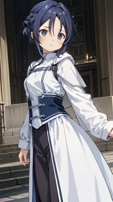 one woman、Rin々new appearance、A dignified expression、cold look、medieval monk、pure white battle uniform、bionde、french braid、have a sword、white cloak、Sword Art Online、(masterpiece, highest quality, highest quality, official art, beautiful and aesthetic:1.2)