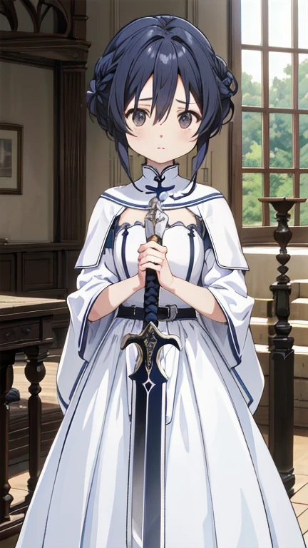 one woman、Rin々new appearance、A dignified expression、cold look、medieval monk、pure white battle uniform、bionde、french braid、have a sword、white cloak、Sword Art Online、(masterpiece, highest quality, highest quality, official art, beautiful and aesthetic:1.2)