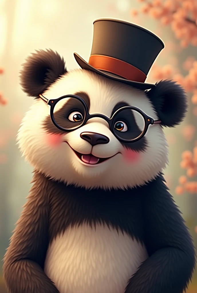 Happy  panda with a beard, glasses, and a hat