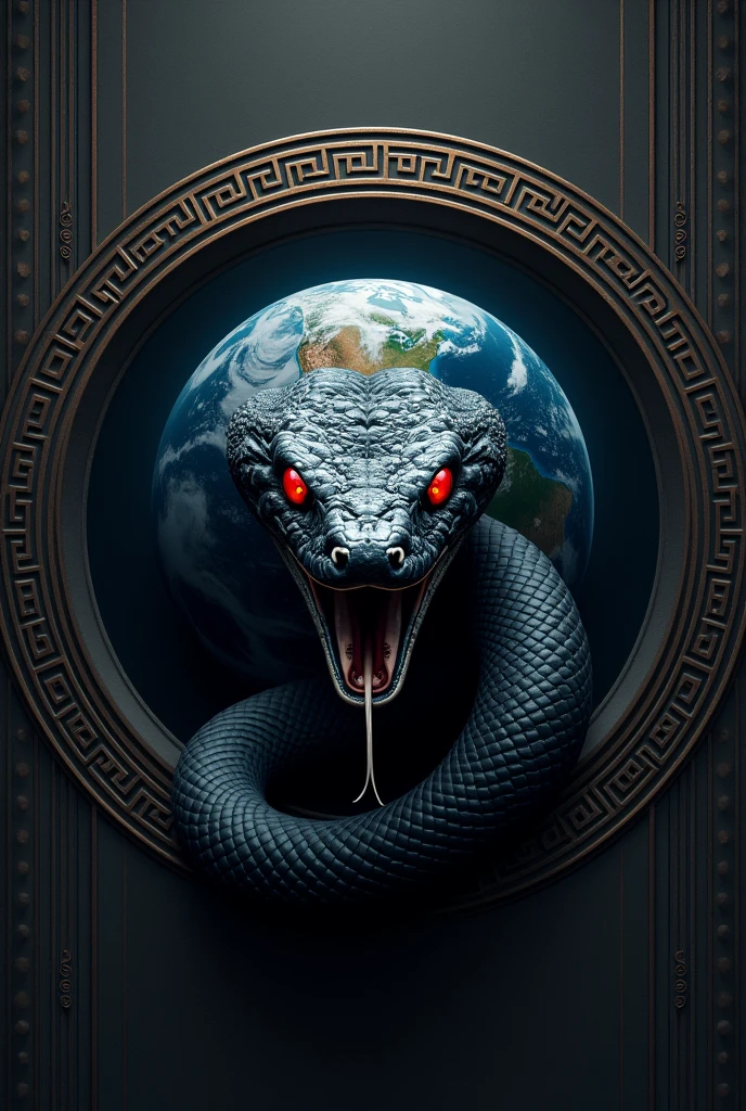 planet earth inside a greek style circle in black lines, A deadly black mamba snake staring at the camera with its mouth open and red eyes