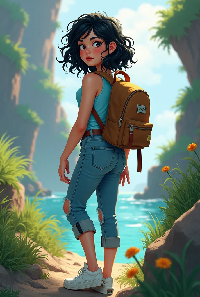 From behind the girl With her shoulder-length curly hair dyed black hair slightly yellowish on the end, With a small sleeveless backpack and a light blue undershirt and jeans and white shoes