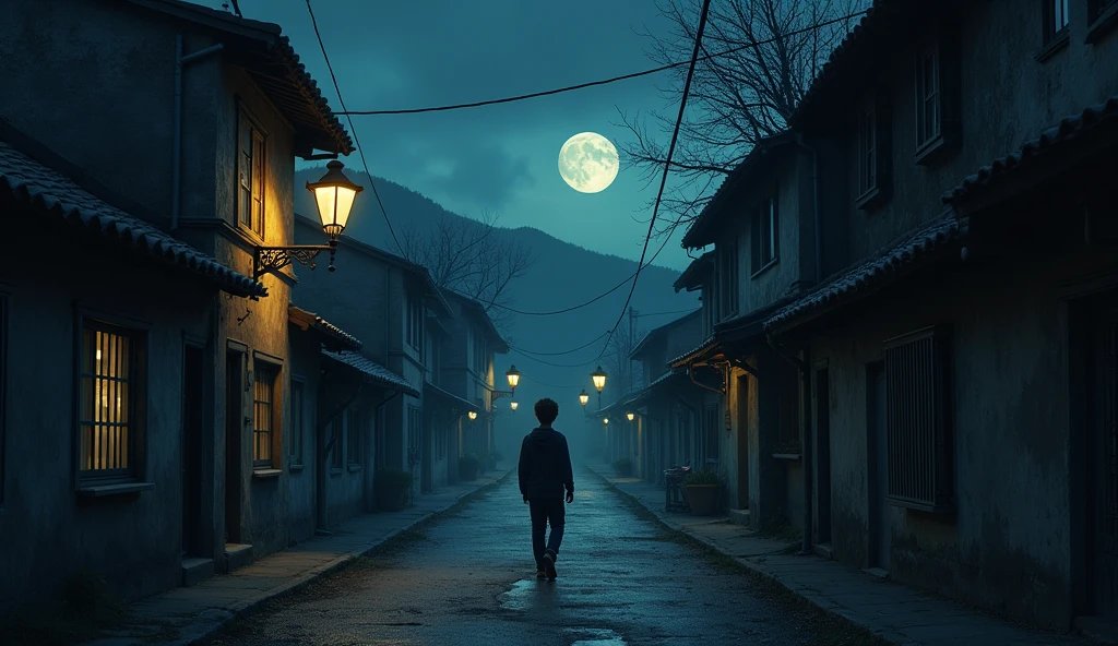 Adult boy walk in village at midnight lonely