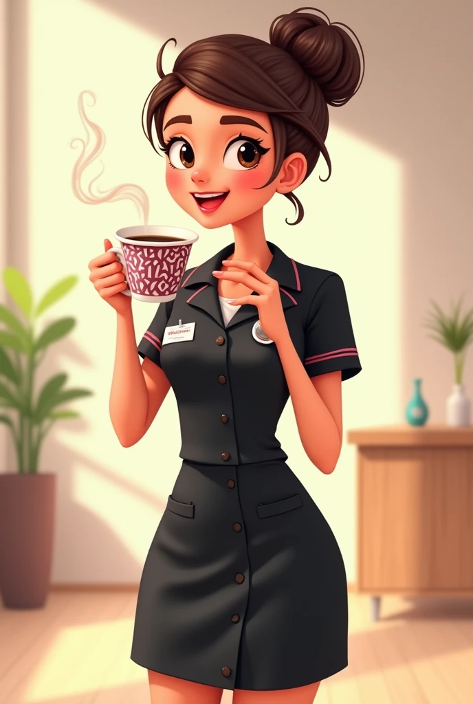 Nurse  animated with coffee in black dress