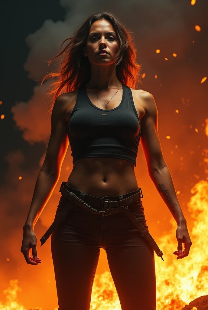 "Create an image of a fierce and powerful woman symbolizing protest and strength. She should be standing tall, with flames or fire-like elements around her, representing her fiery spirit. Her expression should be determined and resolute, with intense eyes and strong posture. The background can be dark or filled with abstract elements that emphasize her power and defiance. The overall mood should be bold, intense, and inspiring."