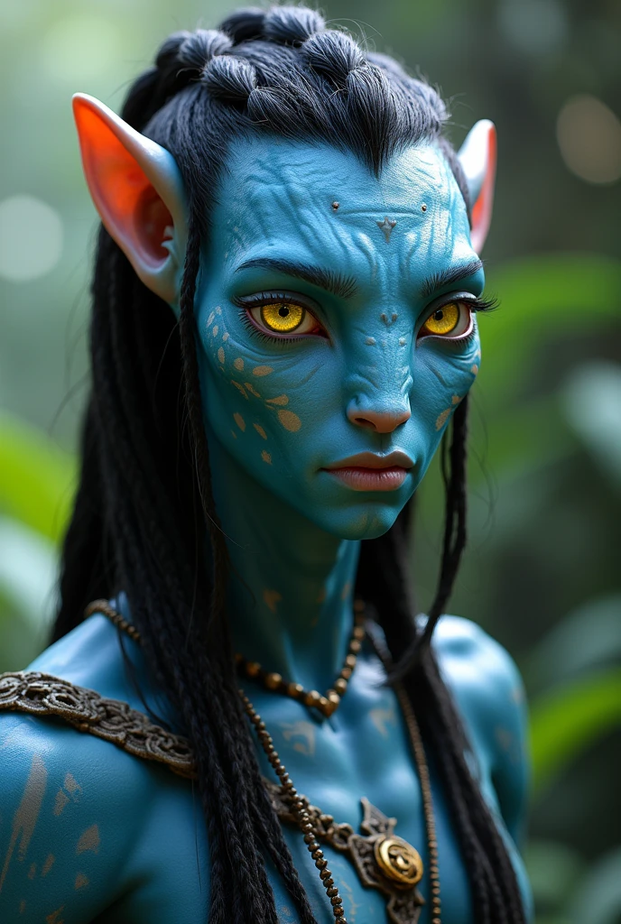 male Metkayina na’vi from Avatar the Way of Water. His skin soft turquoise colour with yellow eyes. His hair braided and long.