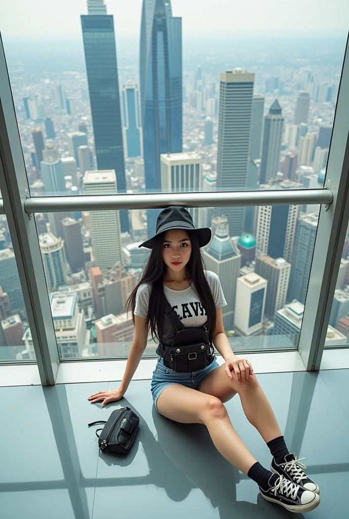 (full body shot:1) sittimg down,photorealistic image of a woman, ultrarealistic, photography, straight long black hair, asian woman, beautiful cute sexy asian 20 years old woman, hourglass figure, perfect body, Flirty look, natural big breasts, long eyelashes, cat eye make-up, double eyelids, sexy pose, erotic pose, seductive pose, big breasts,  big tits , she wears a black and white top, shorts, hat, fannypack , sneakers,  skyscrapers 