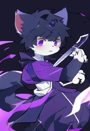 Black hair，with a serious and determined expression，Black and purple outfit，Purple Eyes，White fur，Big furry tail，Magic sword in hand，Male cat，boy，Handsome