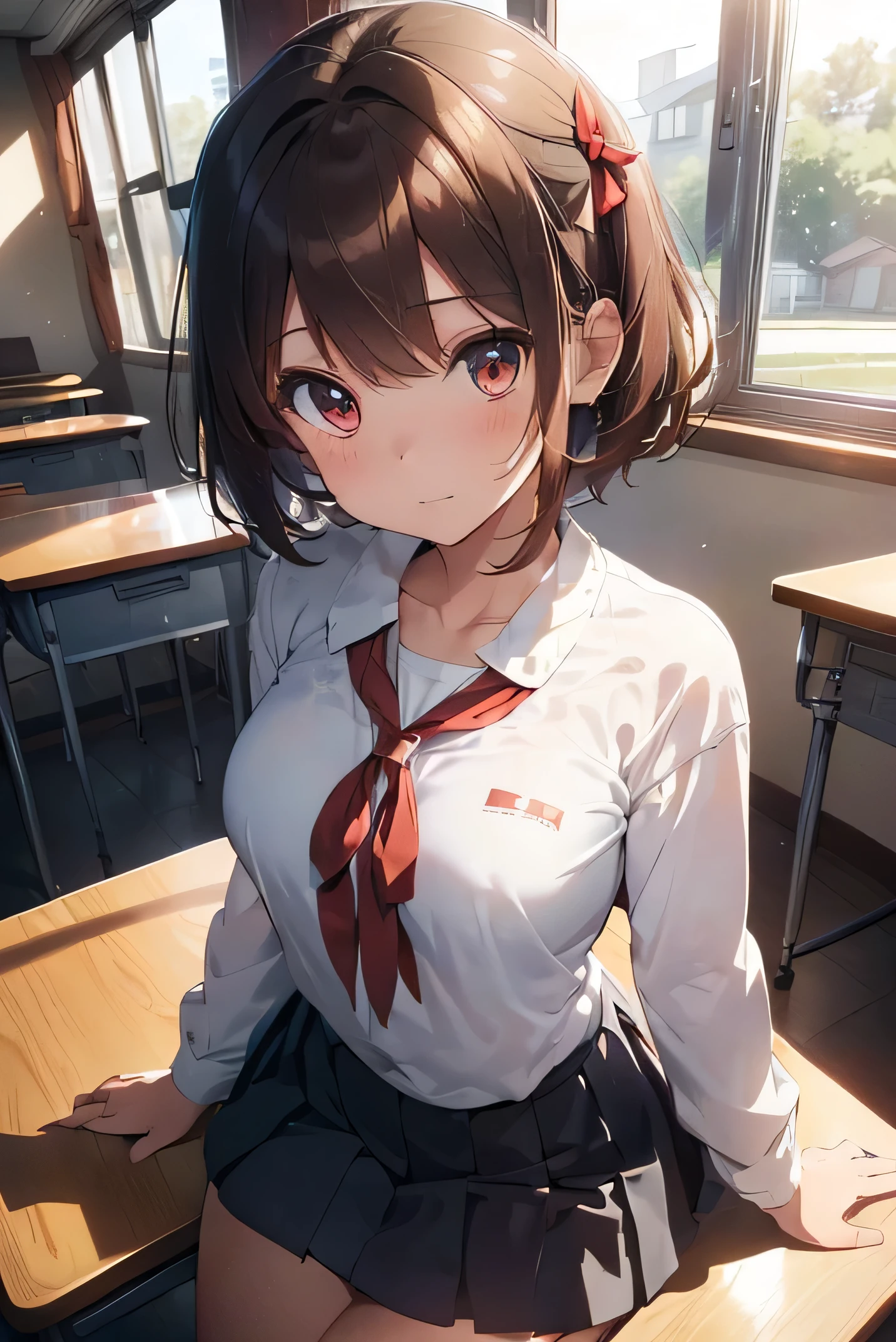 ((masterpiece)), ((best quality)), ((ultra-detailed)), ((anime style)), 1girl, (short bronze hair), (beautiful anime girl), (school uniform), (pleated skirt), (white blouse), (red ribbon), (in classroom), (sunlight through window), (sitting at desk), (looking at viewer), (soft expression), ((detailed face)), ((perfect ???????)), (warm light), (serene atmosphere), (background blur)