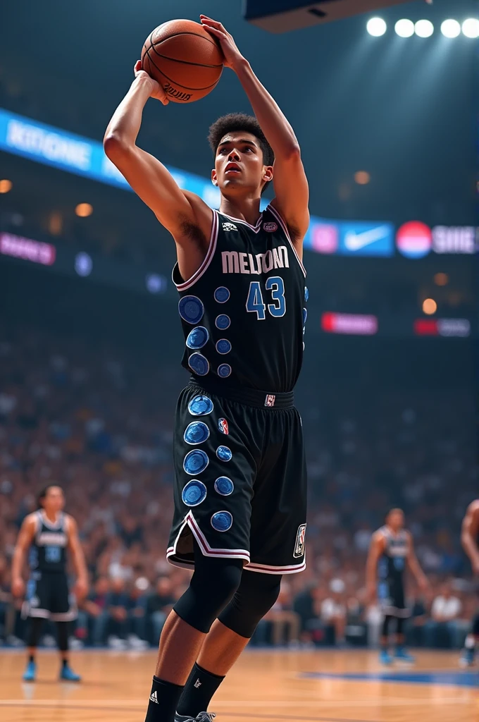 young, Sonoran, of some 23 years, with 1.93cm tall,  with black basketball jersey and details in the form of blue circles, with the number 43, shooting a three point shot from half court 