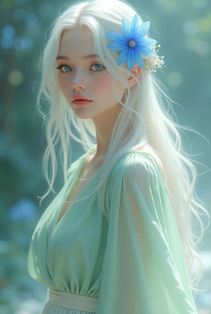 minecraft white hair cyan eyes light green loose blouse blue flower in hair white skirt ten
