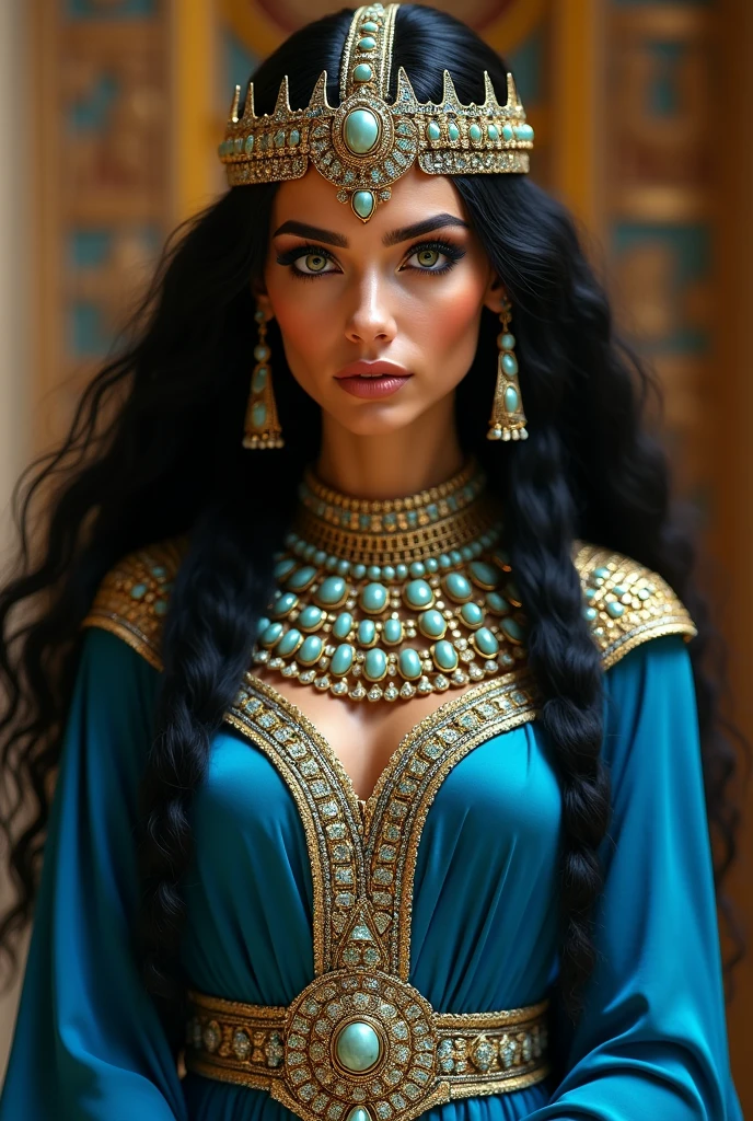 a dark-haired Egyptian woman with long, voluminous hair, greeneyes, outlined, blue outfit, with lots of jewels and shine, with shiny accessories on their heads