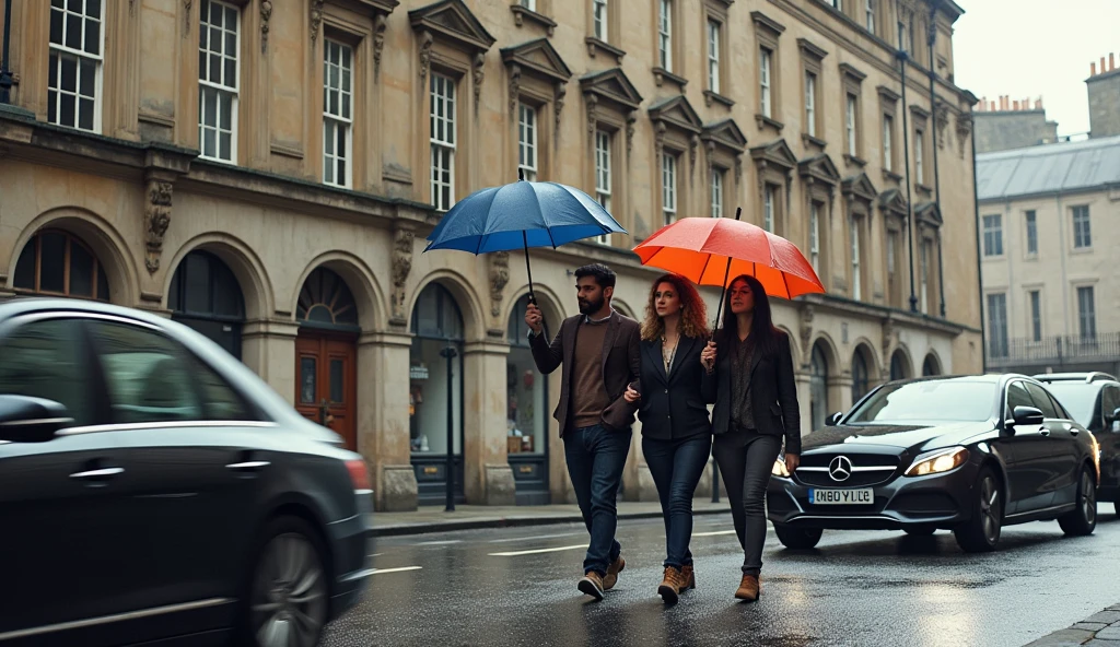 Three people walking in a London landscape, A person holding an umbrella, There are two cars on the road in front of the building.