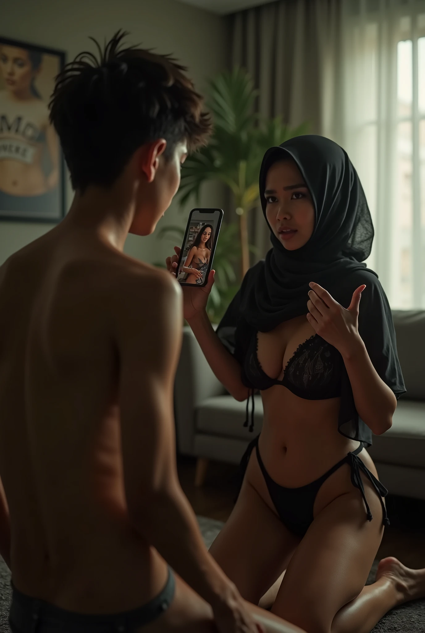 dramatic scene where a son found out that his mother has a naked picture in her phone, son blackmailing mother to undress, mother embarrassed, the mother is a beautiful indonesian woman, with features similar to Nora danish (40 yo beautiful celebrity, woman with slim body and medium saging breast mid short hair), 15 yo teenage nerd boy, the mother kneeling in front of his son, begging her son to forgive her. mother is wear hijab, she wear black victoria secret sexy lingerie and has an ashamed expression on her face. The son naked and show his cellphone to his mother, the mother pleads with tears in his eyes,the scene is captured in the living room at afternoon, intense emotions, cinematic, dramatic angles, gritty realistic style, chiaroscuro lighting, intense facial expressions, vulnerable poses, sensitive content, powerful storytelling