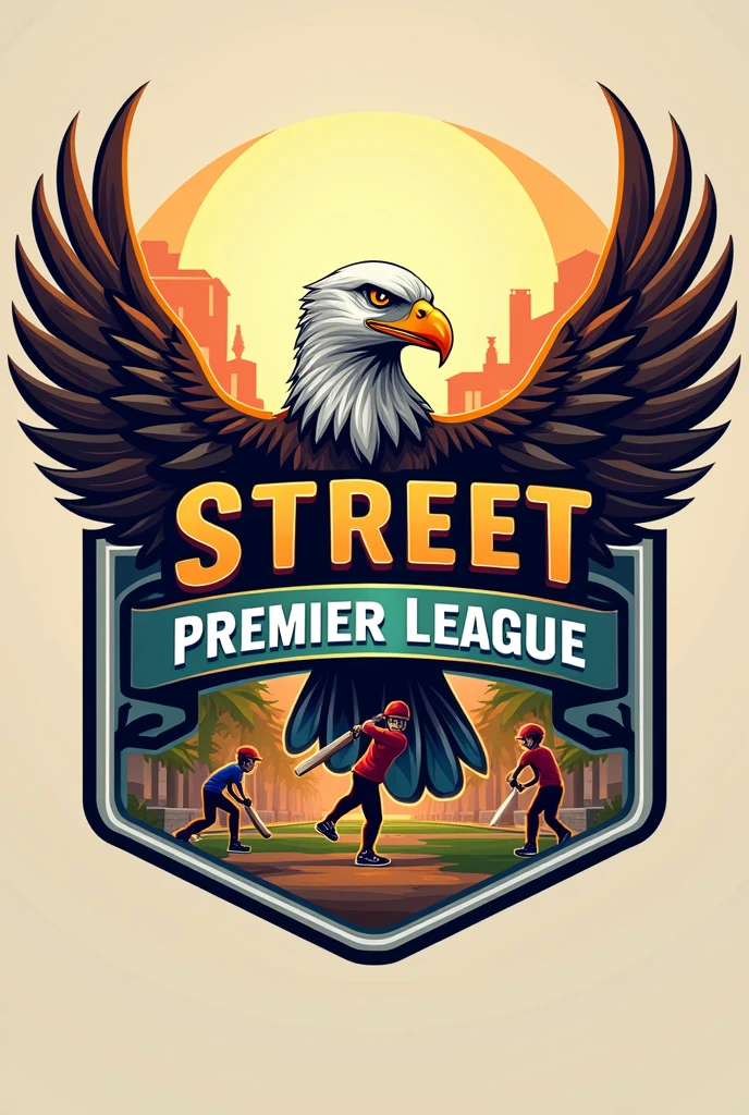Create a logo with open wing eagle and PUT name STREET PREMIER LEAGUE AND ADD CHILDREN PLAYING CRICKET with cricket bat and ball in Indian cricket street