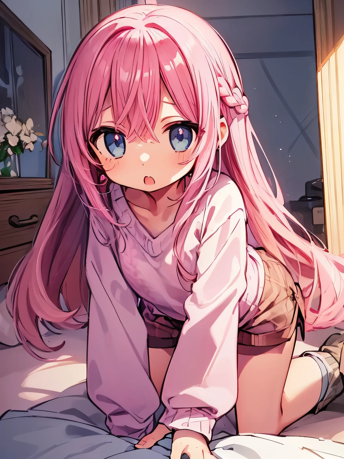 Beautiful illustrations, Highest quality、(Cute petite:1.5)、Flat Chest、Flat Body、(Pink long sleeve sweater:1.2)、(Brown checked shorts:1.4)、(Wide-mouth checkered shorts:1.2)、Autumn Clothes、Gap between thigh and shorts、Washing thighs、White socks、Beautiful Blue Eyes, Cinema Lighting, (Long pink hair)、(Pink Straight Hair)、(Embarrassing:1.2)、(Redness on the cheeks)、(Braiding of the back of the head)