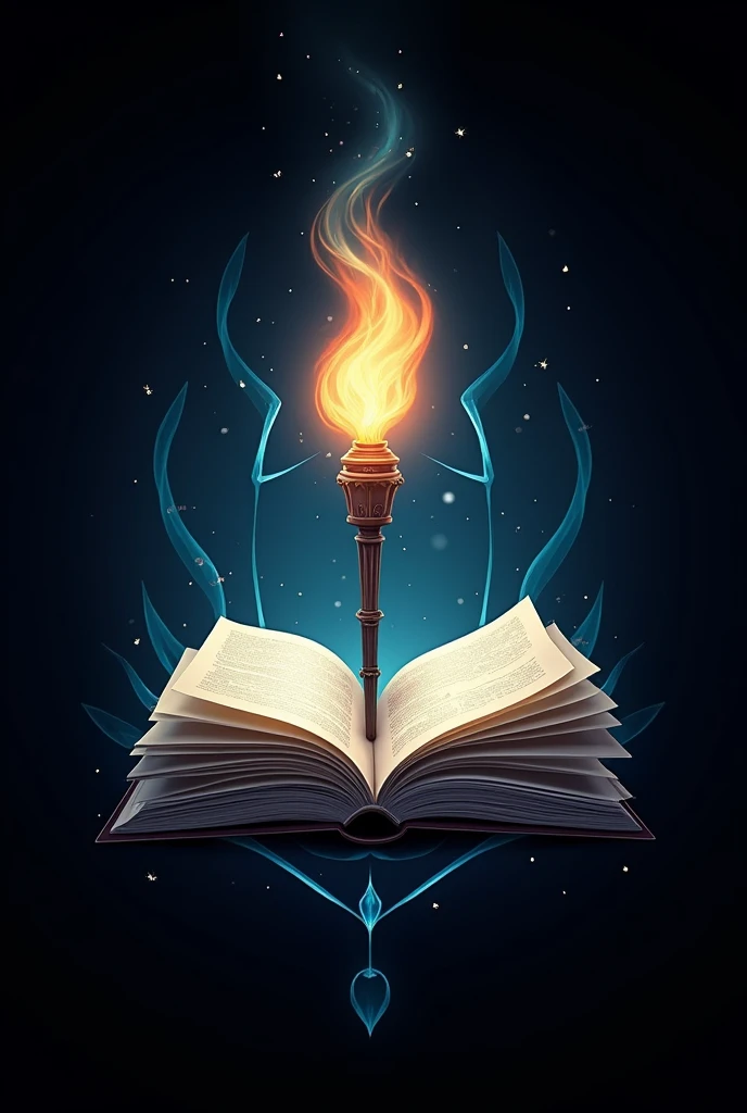Symbol/Harry Potter style coat of arms : An open book with a burning torch on it.colors: blackw, light blue and white 