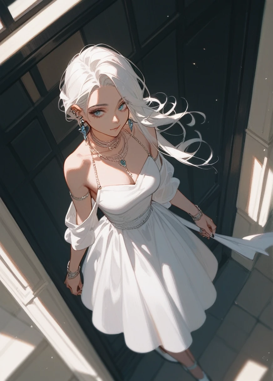 (to check_5,to check_6_High above,to check_4_High above),1 older woman , white gown , robusta, piercing look ,features of an older woman in her 25s, with a witch's outfit