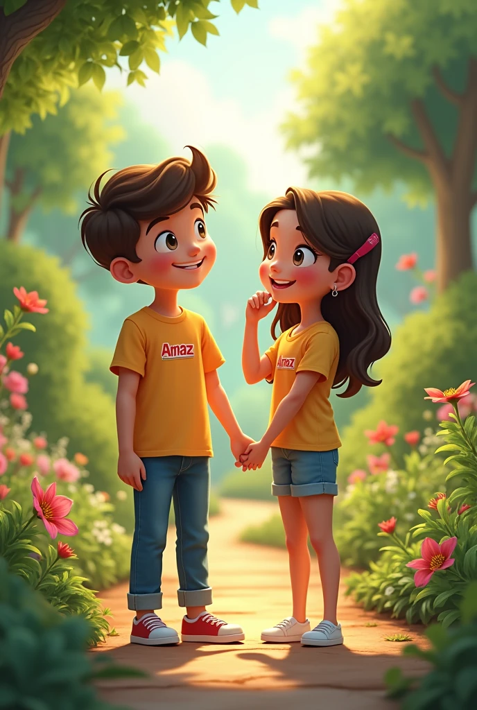 A couple(a boy and a girl) standing hand in hand, walking in a garden and . They are wearing a t shirt. On both the tshirt a designer name is printed that is "Arnaz". The girl is biting the boy's hand in a fun way.