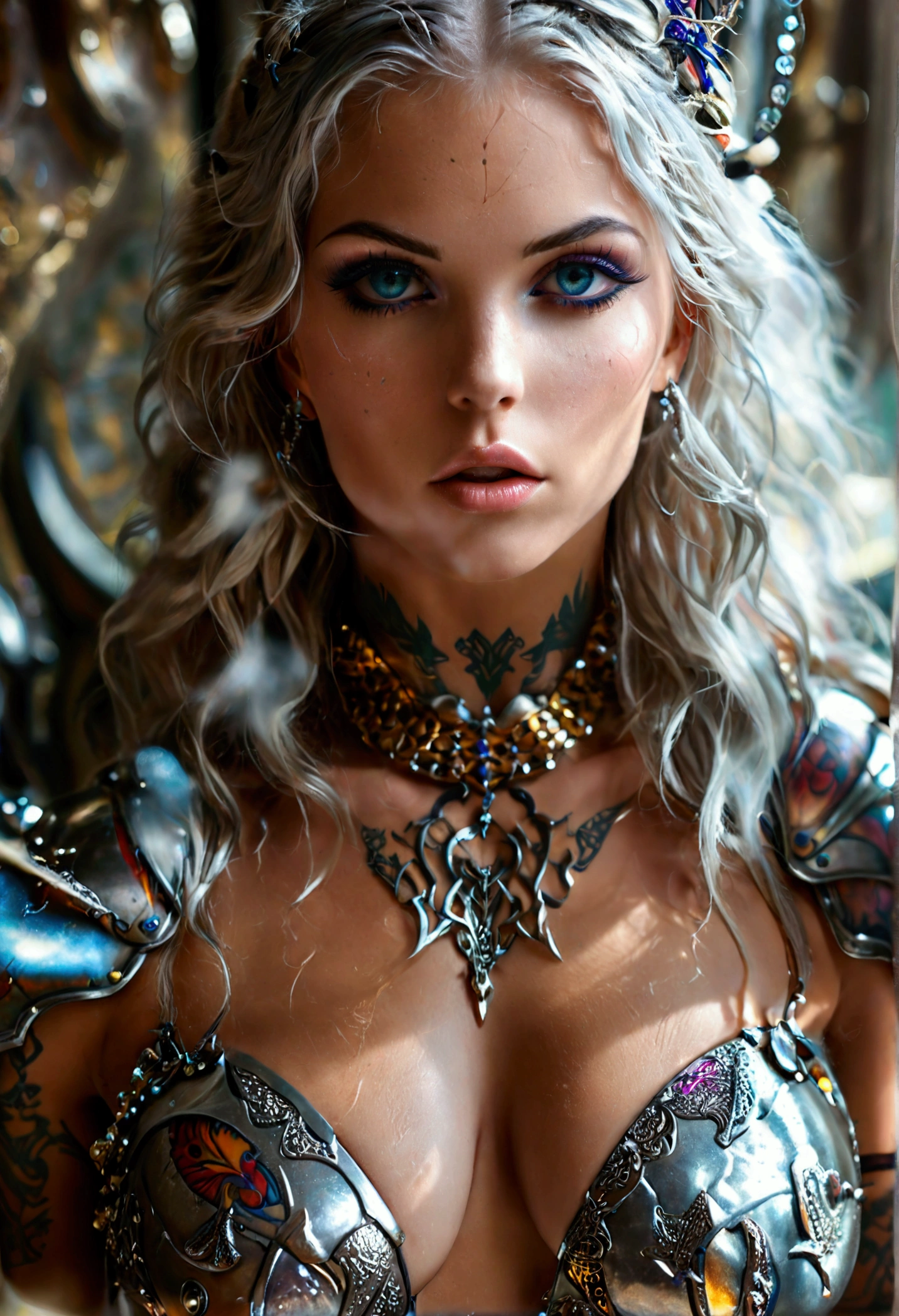 Create a hyper detailed photograph of a tattooed muscular young sexy female sorcerer, Stunningly perfect gorgeous feminine face, perfect makeup, detailed vibrant eyes, long hair, big beautiful muscular legs, big beautiful muscular arms, perfect body, muscular abs, detailed silky smooth skin, large natural perky breast, realistic nipples, round ass, Wearing Metalic chromatic Bikini Armor Jewels,
