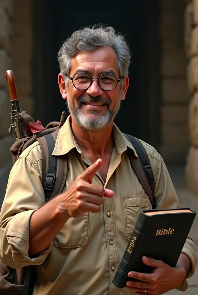 Create an Indiana Jones style image of a 63 year old Latino-Italian man,indigenous brunette face, using reading glasses, gray curly hair, Side-parted hairstyle and casual dress, holding a bible in his left hand and pointing at the bible with his index finger of his right hand, smiling placidly, He doesn&#39;t have a beard or a moustache and looks clean shaven., In the book it should only say BIBLE, He carries a backpack and an umbrella hanging from the same backpack 