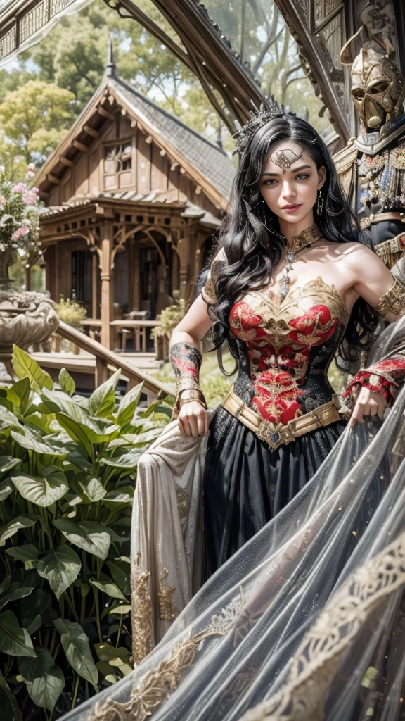 a woman in a dark imperial military uniform inspects the interior of a gothic house populated by grotesque and surreal figures hyper-realistic, cinematic, 4k, ultra-detailed, masterpiece, intricate-details, photo-realistic, perfect-details ,smiling