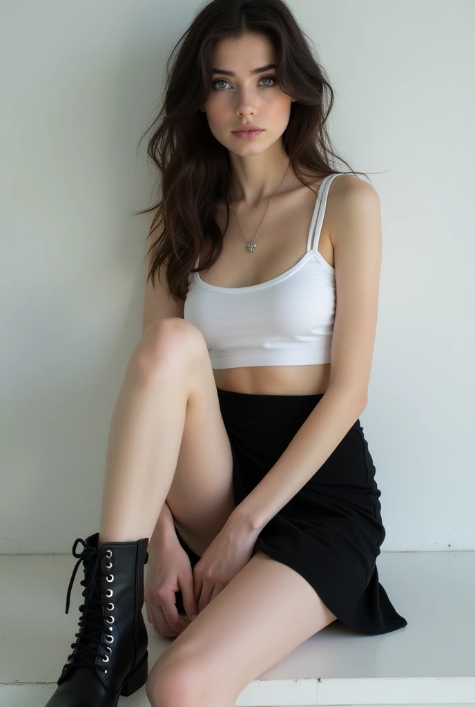 A (((full-body))), well-lit professional modeling photograph of an ethereally beautiful 18-year-old fashion model. She has youthful caucasian features and ((very pale white skin)). Her eyes are a striking blue, and she is wearing ((heavy black eye makeup)). She has a very slim body with long thin legs and large round breasts. She is wearing a tight white crop top, a very short black miniskirt, and black boots. She is sitting in a provocative pose that shows off the insides of her thighs, and her (((whole body from head to toe))) is shown in the photo.