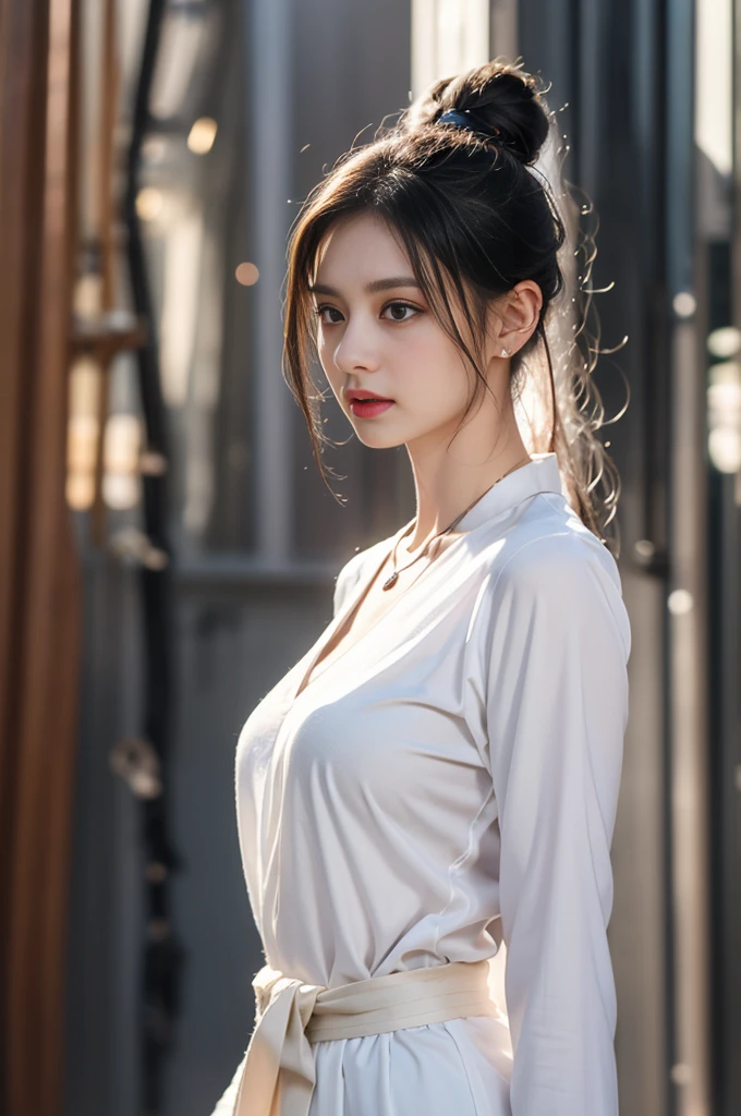1 beautiful girl in Hanfu, ((very thin and soft white silk shirt)), platinum purple long ponytail, Jewelry, ear jewelry, necklace and necklace, carefully painted purple big eyes, carefully made up, thin eyebrows, high nose, beautiful red lips, no smile, pursed lips, rosy cheeks, wide chest, big breasts, well-proportioned breasts, slim waist, well-proportioned buttocks, black fishnet stockings, Chinese Hanfu style, fictional art pattern, full of bright and realistic colors, RAW photo, realistic photo, 8k ultra-high quality surreal photo, (magic light effect effect: 1.8), 10x pixels, magic effect (Background): 1.8), super detailed eyes, full body portrait of the girl, standing in the rain, wet clothes hugging the body, revealing beautiful curves, dynamic posture