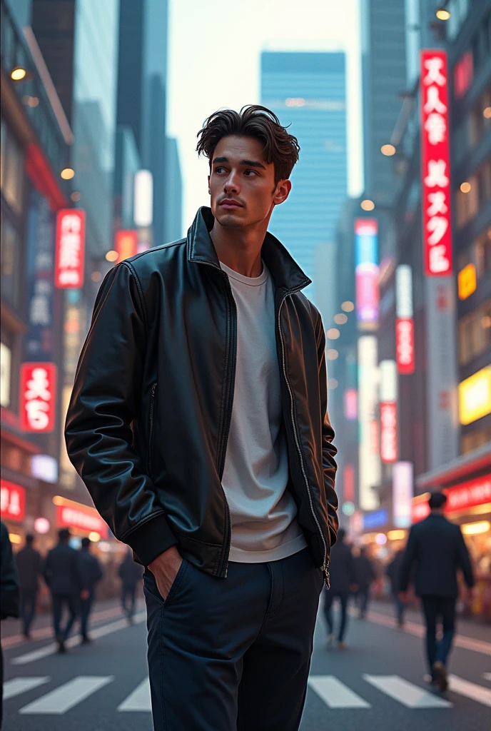 guy, 170 cm tall, fashionably dressed, build, brown hair, on the street, tokyo city.