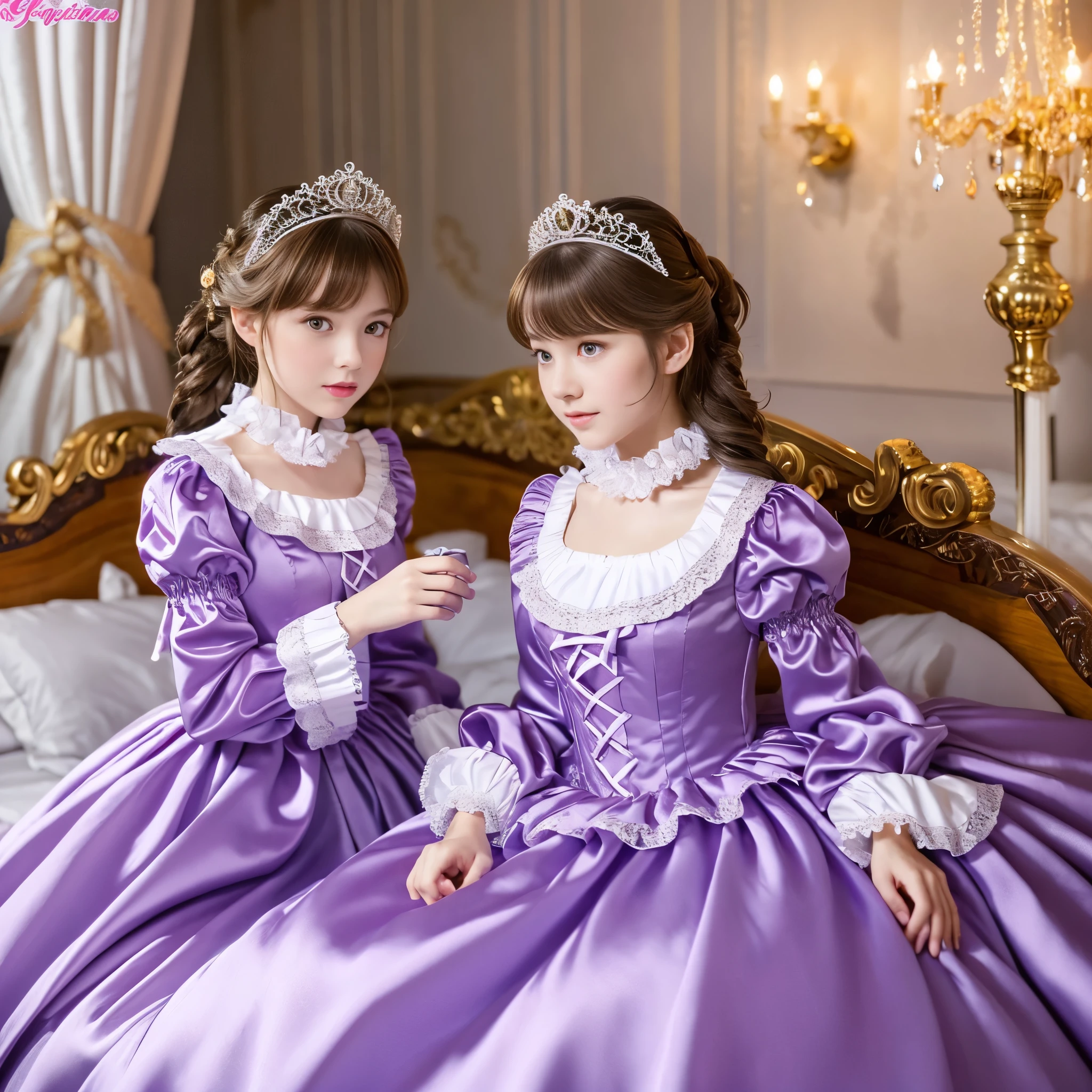 ,highest quality, masterpiece, highest resolution, artwork, super それにget used to it, many get used to it, get used to it, それにget used to it, 3k realistic pictures,,((10 year old little girls)),Ultra-detailed juvenile face,three are princesses,full length ball gown dress with hoop skirt,ruffled yoke collar,puff sleeves,long sleeve,((Lolita style purple detailed princess satin dress with lots of ruffles and ribbons)),Rococo style lolita fashion,shiny satin dress,Soft and smooth fabric,luxury,long blonde hair,blue eyes,white skin european,Pajama,((in the bedroom)),luxury princess canopy frilled bed,super detailed bed,they are lying on the bed,High-quality background,