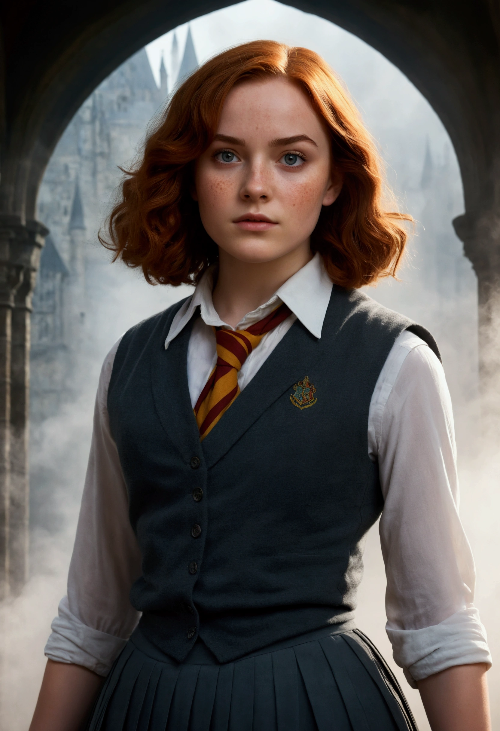An illustrated movie poster, hand-drawn, full color, a teenage Hogwarts student, 18-years-old, female, wearing a charcoal vest and a pleated skirt, athletic hourglass figure, full wide hips, massive round butt, long shapely legs, ridiculously thick powerful thighs, vibrant eyes, deep dark auburn hair, short curly bob cut, flushed sun-kissed complexion, freckles, resembles Genevieve O'Reilly, standing in a foggy Hogwarts courtyard, surrounded by mist, graphite shading, stencil marks, airbrushed acrylic paint, masterpiece, close-up shot, in the style of the Deathly Hallows 