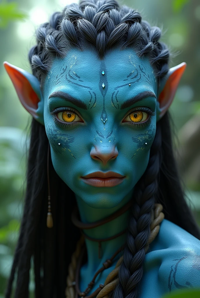 male Metkayina na’vi from Avatar the Way of Water. His skin soft turquoise colour with yellow eyes. His hair braided and long.