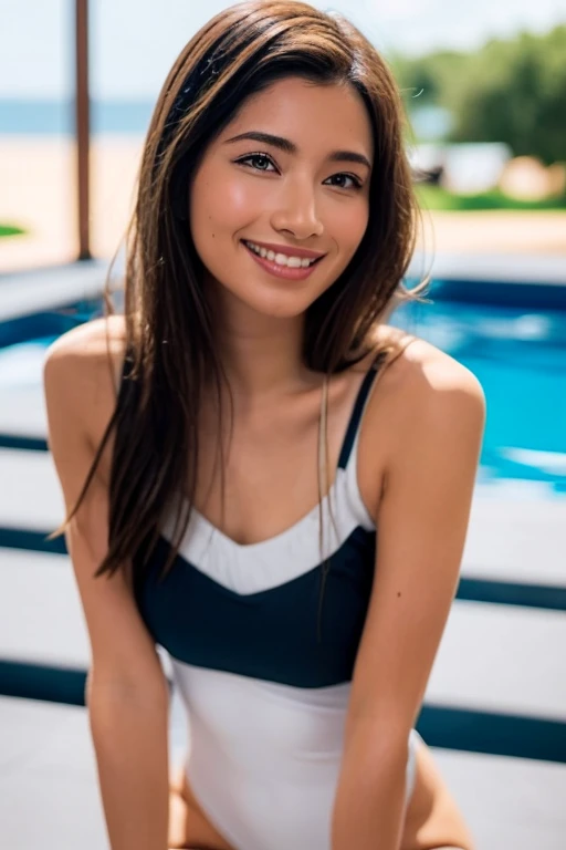 1girl, beautiful woman, White onepiece swimsuit, skinny, perfect body, defined abs, gold hair, standing in daytime pool room,  ultra-detailed face, beautiful eyes, beautiful lips, double eyelids, shy smile, trimmed bangs, sun-kissed skin, hint of pubic hair, (best quality, 8k, masterpiece:1.3), frontal and full-body shot, pussy line, front facing, open legs pubic hair