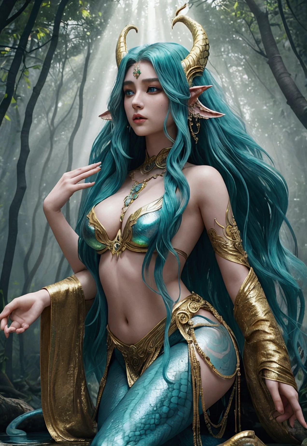 A mesmerizing mythical creature with the upper body of a beautiful human and the lower body of a majestic serpent. The human part has long flowing hair, piercing eyes, and intricate jewelry. The serpent’s scales are iridescent, shimmering in shades of green, blue, and gold, with a powerful and graceful tail. The creature is set against an ancient, mystical forest with soft light filtering through the trees, casting a magical glow. The atmosphere is enchanting and otherworldly, with mist swirling around the base of the creature, adding to the mysterious aura
