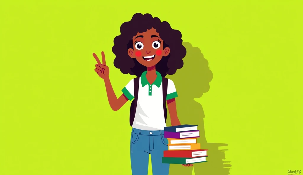 create a 2D cartoon illustration made with simple geometric shapes flat design style pic pay, with the flat colors of a 15-year-old mulatto woman wearing a white polo shirt with green sleeves and collar, and jeans, with backpack and holding some books, very smiling and making the peace gesture on a lime green background