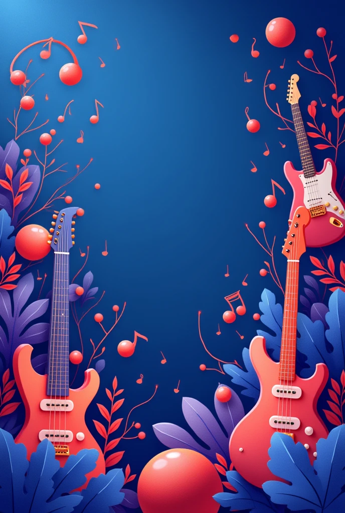 Animated style musical profile background in blue color, red and purple. With musical instruments 
