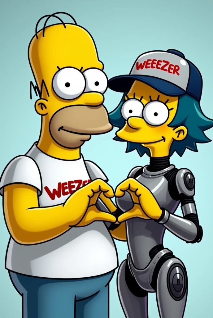 Homero simpson con camiseta de la banda. Weezer ,haciendo la seña del corazon junto con su pareja que es una robot con cabello corto estilo e girl con gorra.