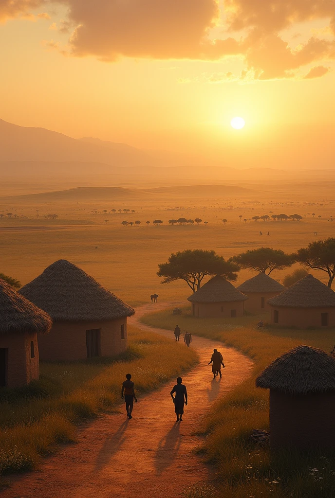 The sun rising over the horizon of a vast African plain, dyeing the sky with warm tones. The image slowly zooms in to reveal a village in the Kingdom of Gaza, showing details of the local architecture and the morning activities of the inhabitants.