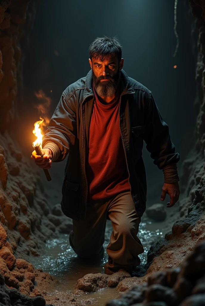 A 30 year old man is standing in a mud pit (no underground light) He has a light beard and mustache on his face (black in color) He has a torch in his right hand He wears a red full sleeved shirt and a black full pant shirt unbuttoned and white inside T-shirt