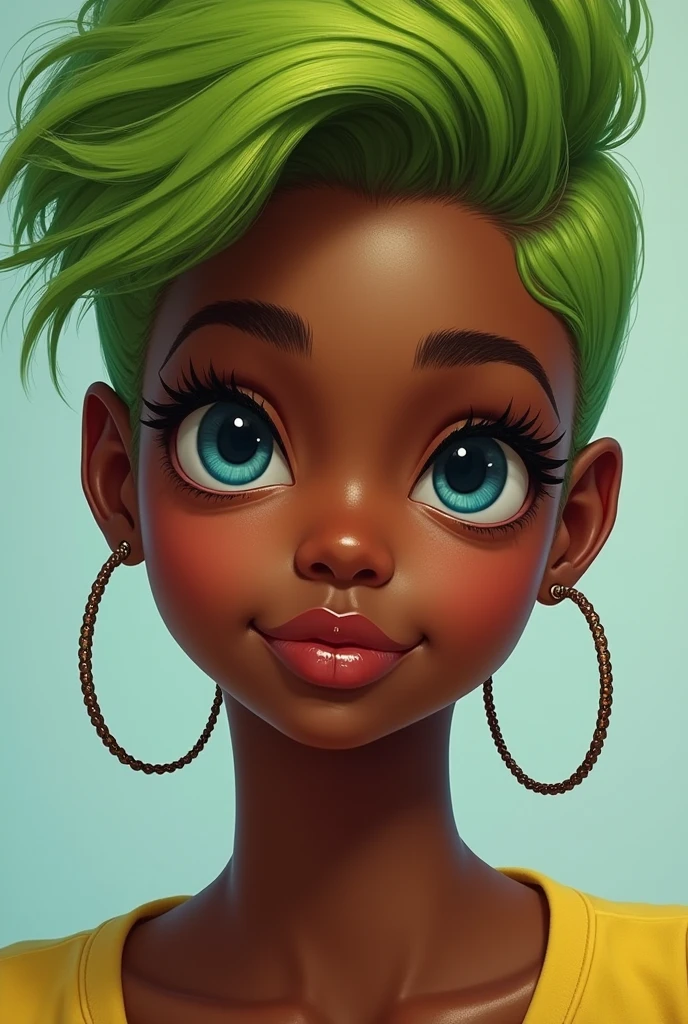 A young black age girl with a shiny, chocolate complexion, blue eyes and lime green hair.