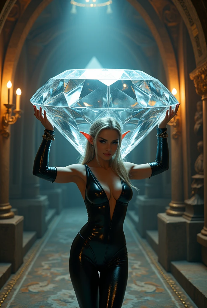 a fantasy epic art  of an elf thief holding an epic diamond in a vault, a female elf thief, full body, small pointy ears, dynamic hair color, dynamic hair style, pale skin, ultra detailed face, wearing black leather leotard, black leather pants, busty, small cleavage, high heel boots, she is happy for reaching her goal, success, holding an epic sized (diamond: 1.3), brilliant diamond, many facets, diamond, fantasy safe vault background, torchlight, vibrant, Ultra-high resolution, High Contrast, (masterpiece:1.5), highest quality, Best aesthetics), best details, best quality, highres, 16k, [ultra detailed], masterpiece, best quality, (extremely detailed) RAW, (ultra details, Masterpiece, best quality), diamondWM, Cinematic Shot