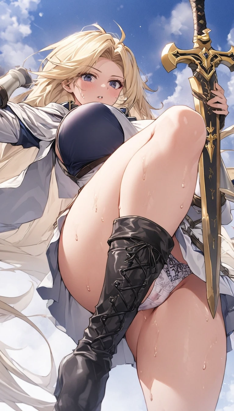 Ultra-high definition image quality、beautiful girl、Female Swordsman、Light Armor、Greeboots、Long Hair、blonde、20-year-old、have confidence々face、Very short tight skirt、Sexy stance、Cowgirl、wilderness、Highest quality,Big Ass、Big Breasts、Thighs、Grasping the hilt of the holy sword Excalibur、Pure white, luxuriously decorated panties、Jump with big strides and kicking off with your feet、Joan of Arc style clothing、Wind King Barrier、Her hair is fluttering in the wind、The Sword of Promised Victory、god々Wearing a new aura、Big Ass、Valkyrie the War Maiden、Crotch close-up、Angle from directly below、Steam from the crotch、Sweaty crotch